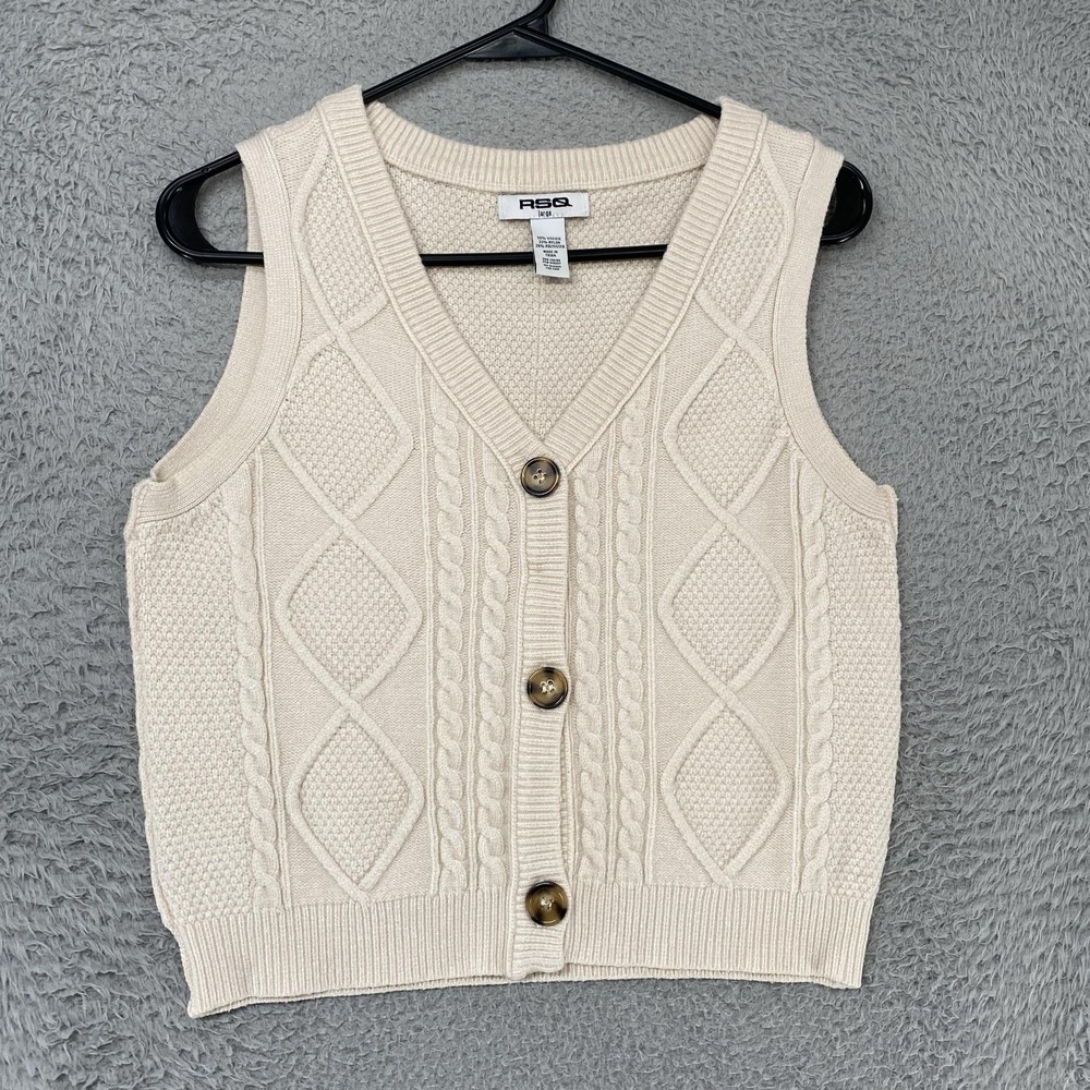 RSQ Sweater Vest Womens Large Old Money Cable Knit Fisherman Cropped‎ Preppy